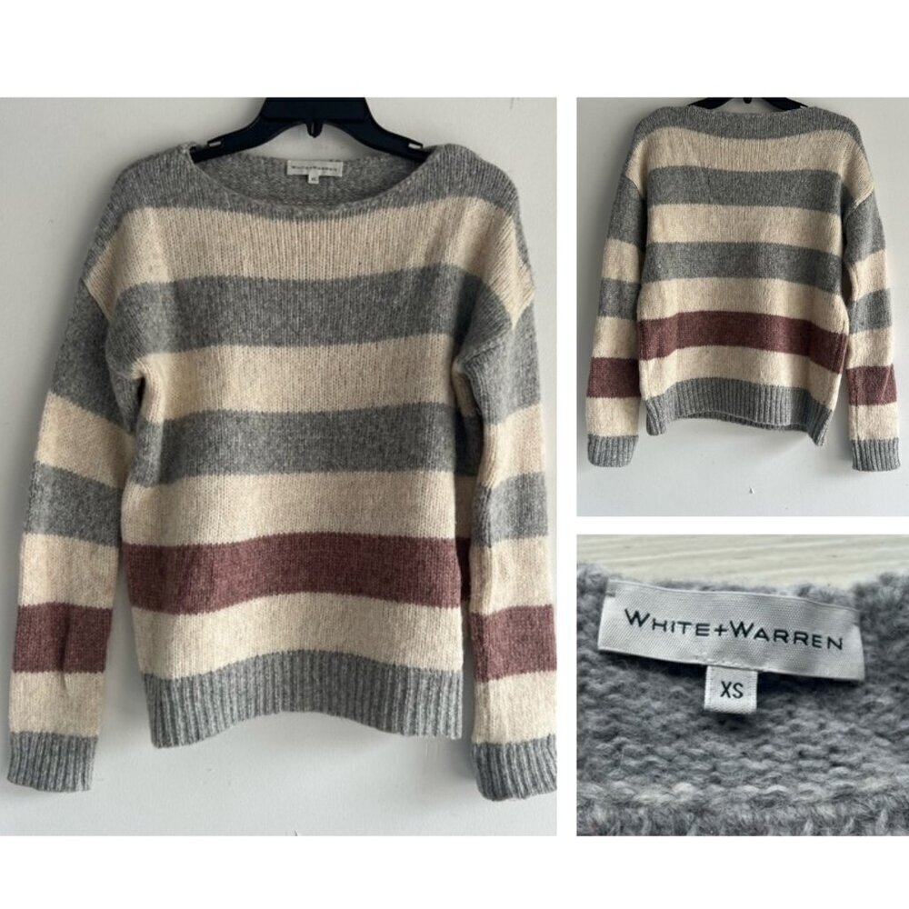 White + Warren Striped Alpaca Wool Blend Pullover Sweater 22013